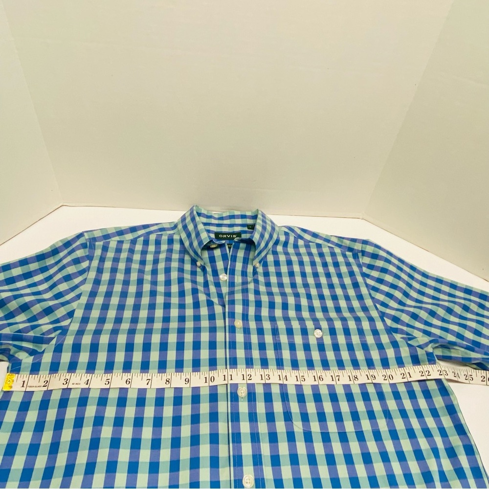 Orvis Short Sleeve Button Down Blue Green Plaid Size L Active Fit Pocket Casual - Picture 11 of 12